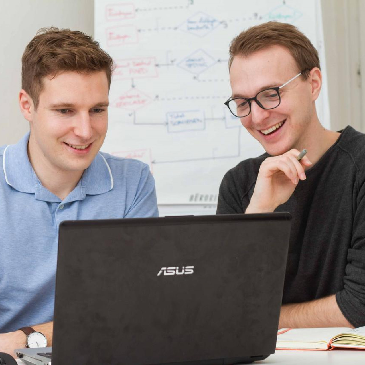 Daniel und Patrick in einer gemeinsamen Strategischen Besprechung vor dem Laptop im Meetingraum der Agentur